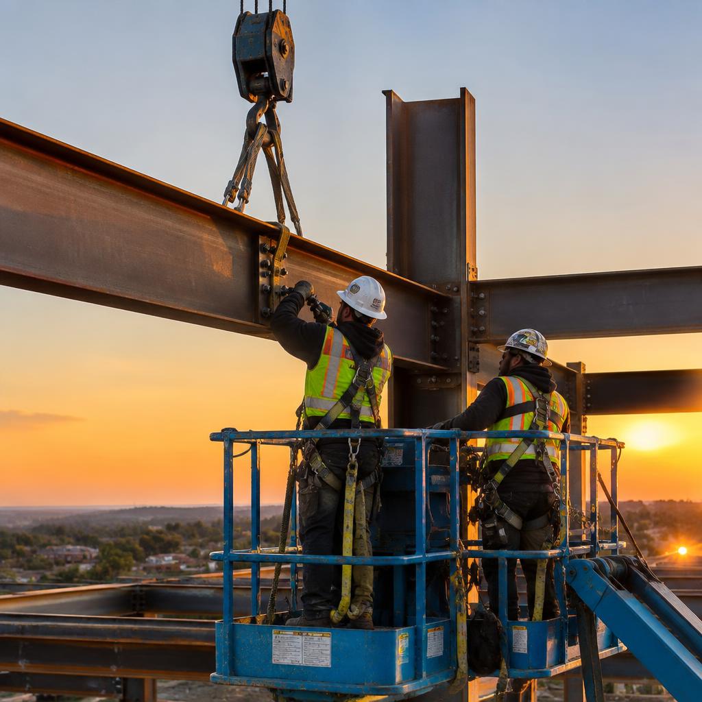 Crew erecting a steel building frame at sunset