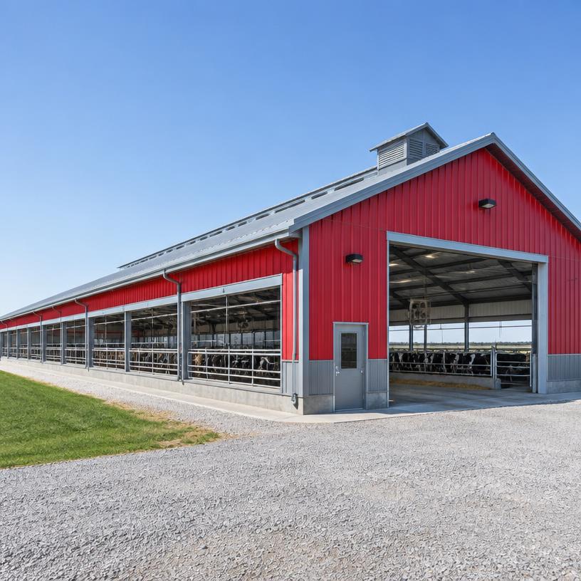 Red steel agricultural barn with open side walls