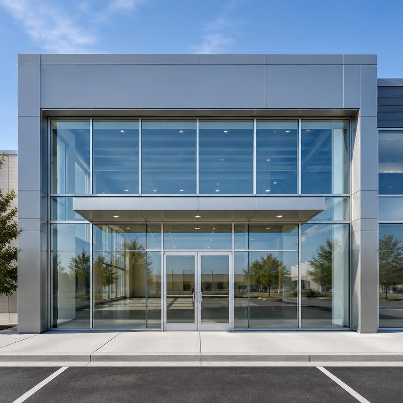 Steel and glass commercial building entrance