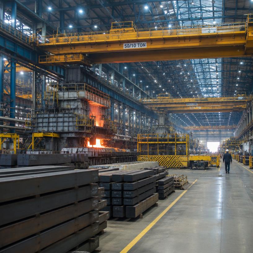 Interior of an industrial steel manufacturing facility with overhead cranes