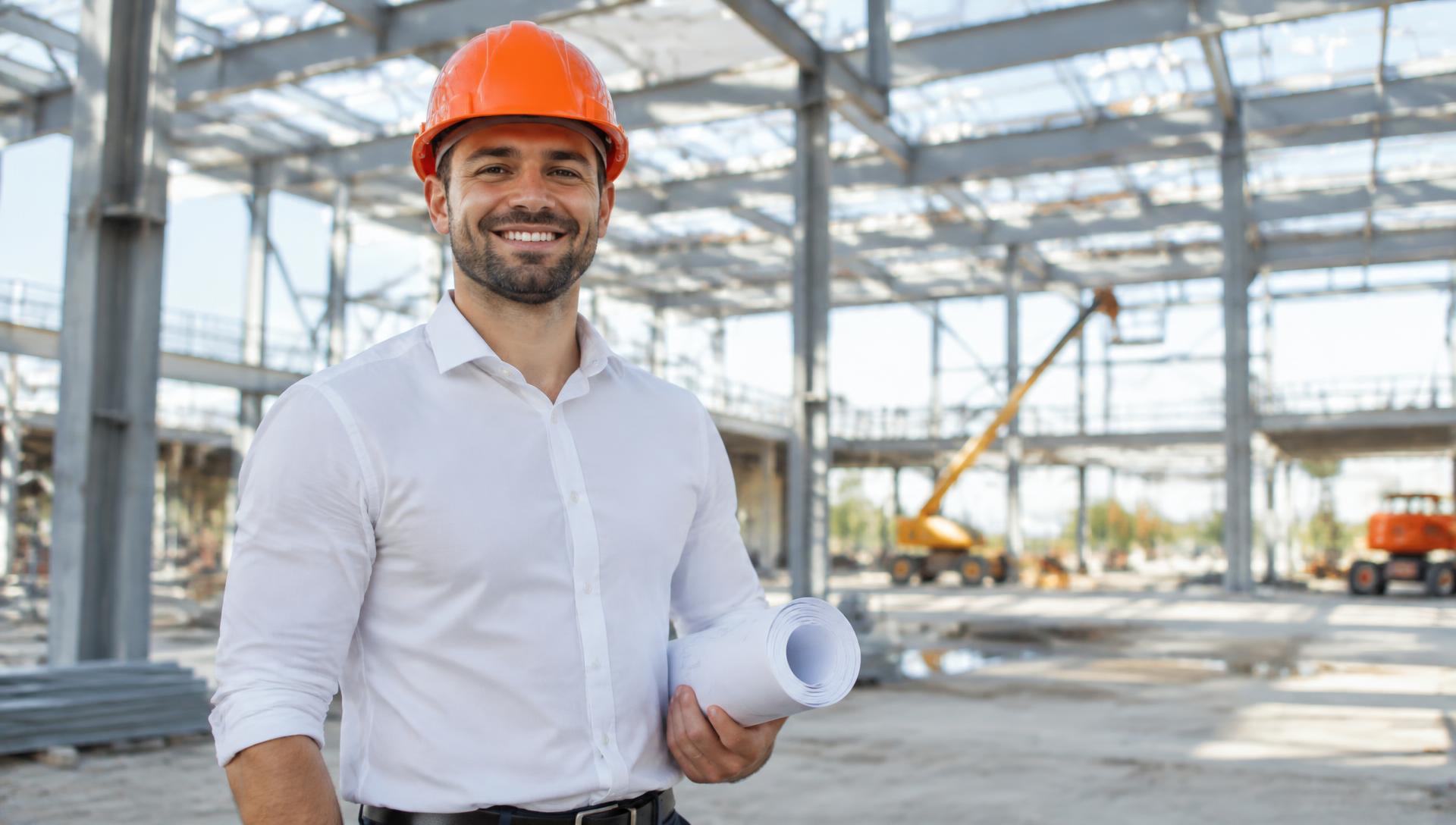 Global Steel Buildings project manager holding drawings on a Canadian job site